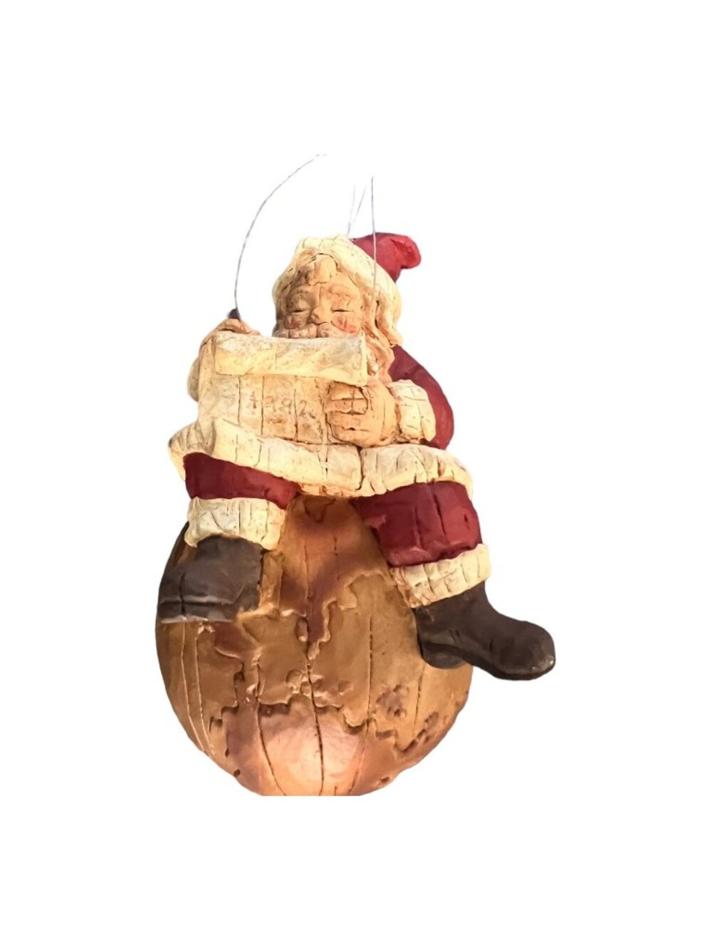 1992 Santa Ornament Sitting On the World Rustic Wood Look Plastic 5.5 Inches Chr